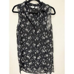 BP. Blouse Womens S Black Collared Sleeveless‎ Sheer Chiffon Floral Tunic Top